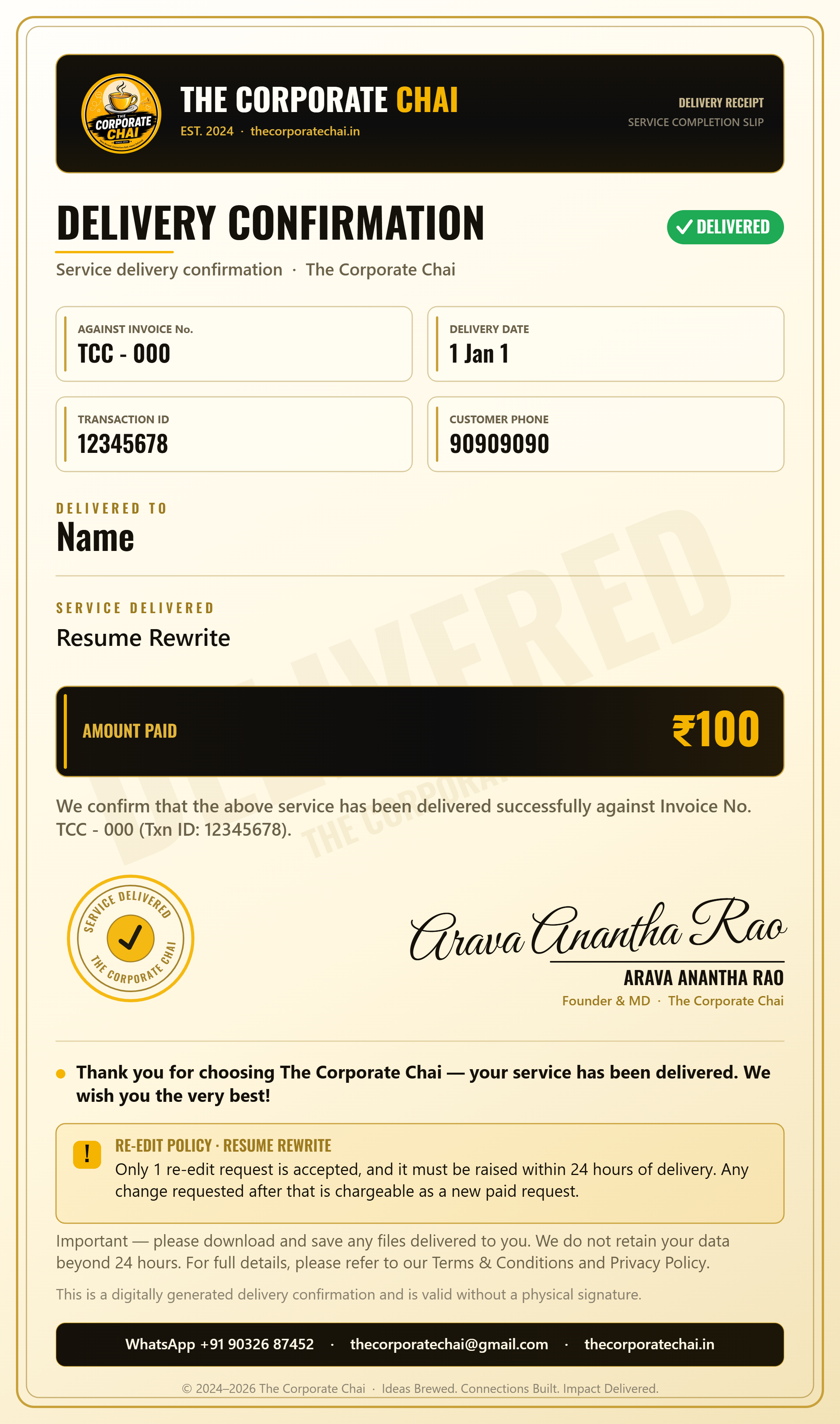 Sample delivery confirmation from The Corporate Chai