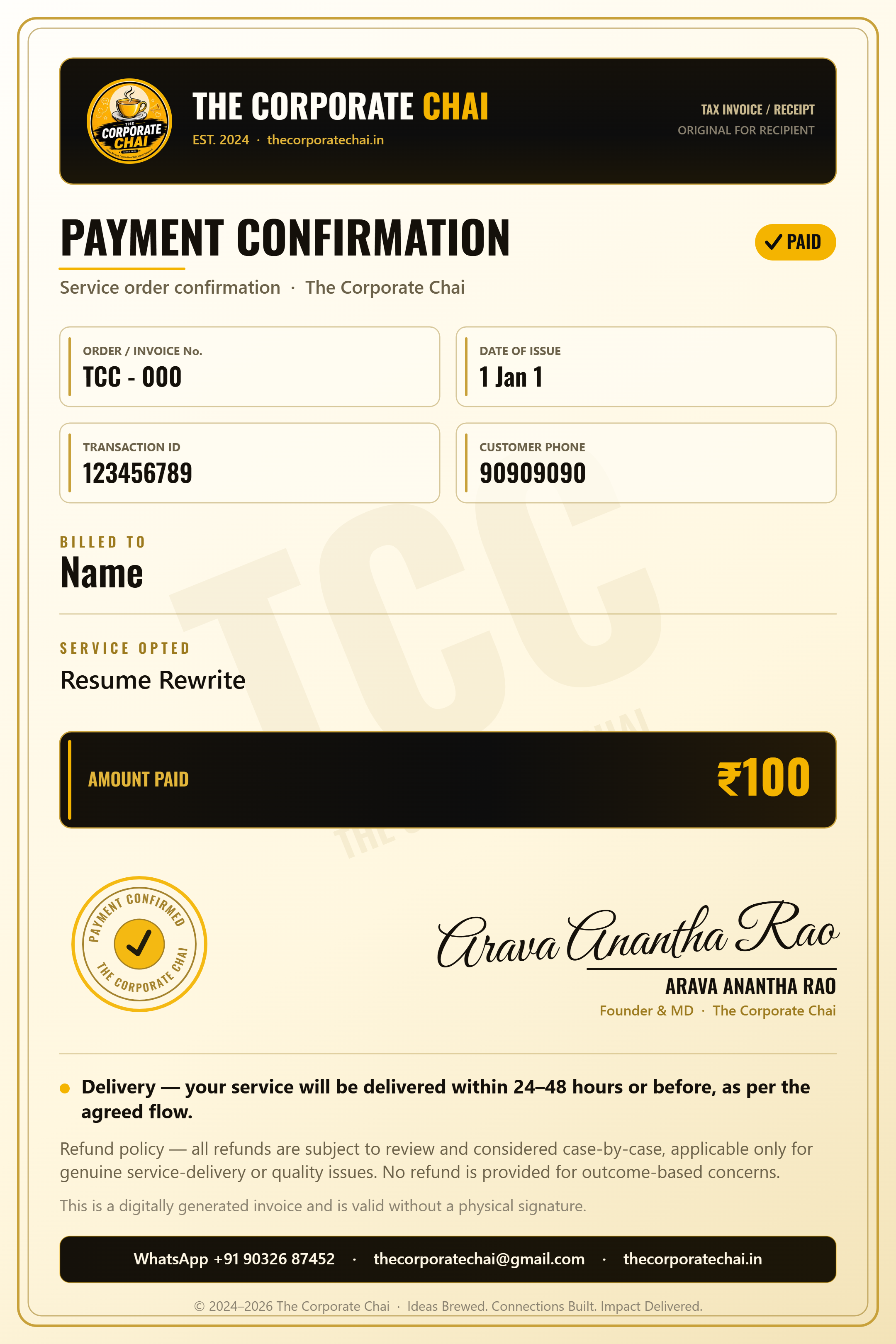Sample payment invoice from The Corporate Chai
