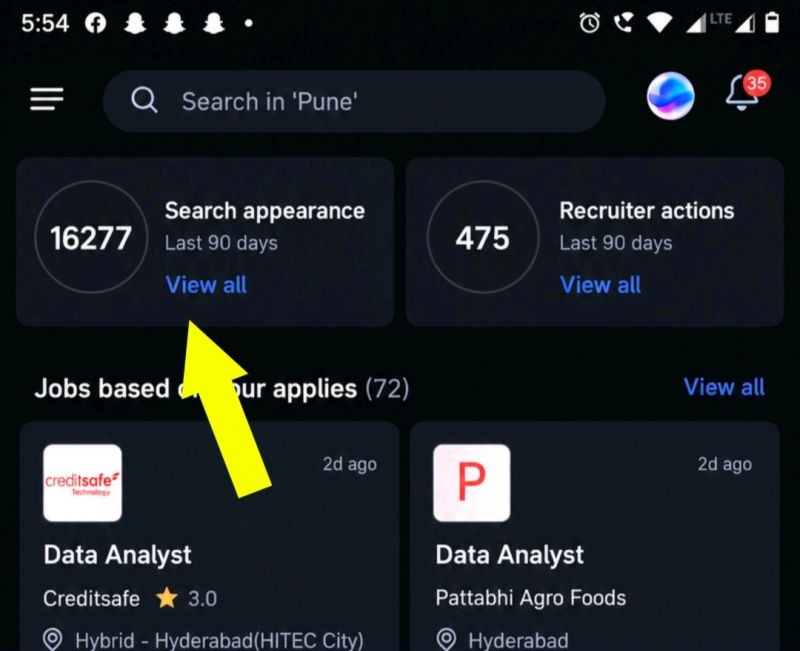 Naukri profile showing 16,277 search appearances and 475 recruiter actions in the last 90 days